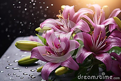 Bouquet of purple lillies with rain drops 1 Stock Photo