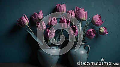 Bouquet of purple tulips in vases. Stock Photo