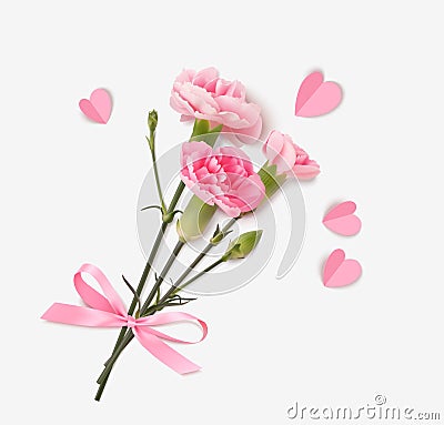Bouquet of realistic pink carnation tied with a pink bow and paper hearts isolated on white. Vector Illustration