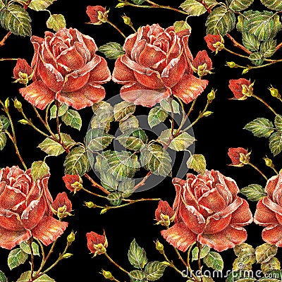 Bouquet red roses on black background. Seamless pattern. Stock Photo