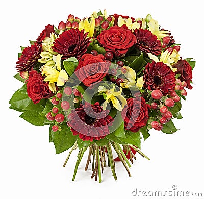 Bouquet of red roses and gerberas isolated on white Stock Photo