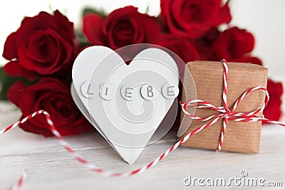 Bouquet of red roses with a message of love Stock Photo