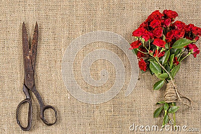 Bouquet of Red Roses and Old Rusty Scissors on on rustic jute background Stock Photo