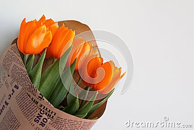 A bouquet of red tulips. A gift to a woman`s day from yellow tulip flowers. Spring. spring flowers. selective focus Stock Photo