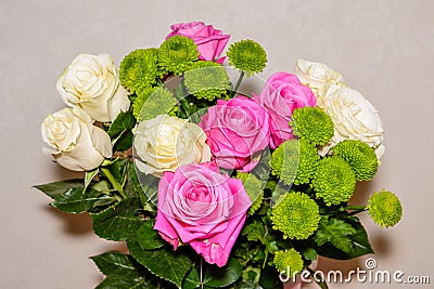 Bouquet of red, white roses and chrysanthemums Stock Photo