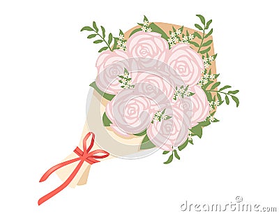 Bouquet of rose flowers wrapped in paper with a red ribbon vector illustration isolated on white background Vector Illustration