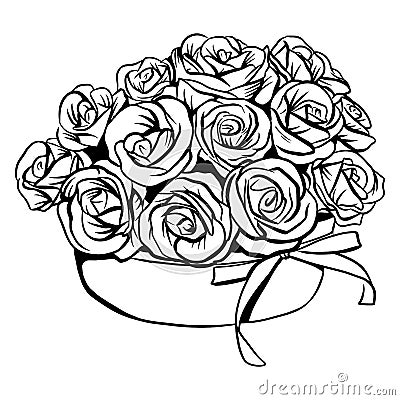 Bouquet with roses in a basket. Gift for a woman. Fresh flowers. Handmade style. Vector Illustration