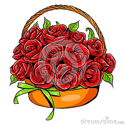 Bouquet with roses in a basket. Gift for a woman. Fresh flowers. Handmade style. Vector Illustration