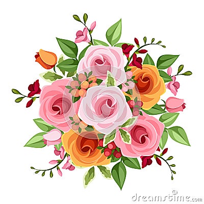 Bouquet of roses and freesia flowers. Vector illustration. Vector Illustration