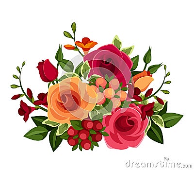 Bouquet of roses and freesia flowers. Vector illustration. Vector Illustration