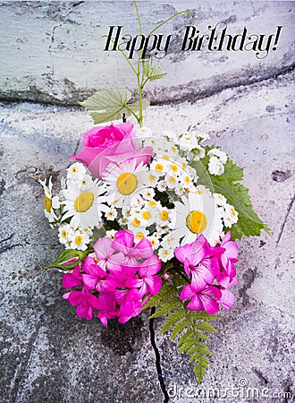 Bouquet of roses, geranium, daisies on a concrete wall with a crack Stock Photo