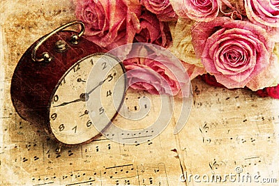 Bouquet of roses on music notes Stock Photo