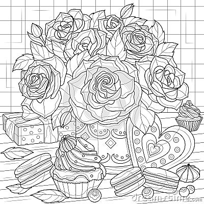 Bouquet of roses and sweets.Coloring book antistress for children and adults. Vector Illustration