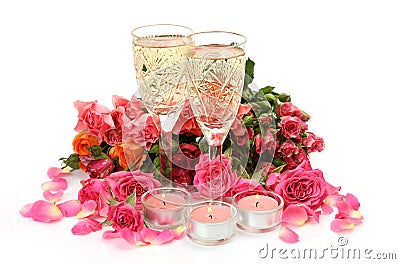 Bouquet and roses and wine Stock Photo
