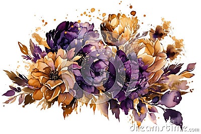 Bouquet of royal purple and gold flowers, Watercolor, Majestic and dramatic Stock Photo