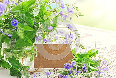 Bouquet small delicate blue flowers of veronica persian in glass Stock Photo