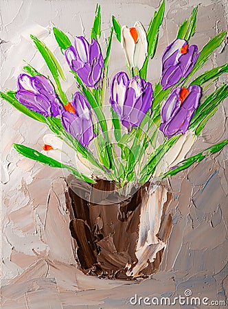 The bouquet of spring crocuses. Oil painting. Cartoon Illustration