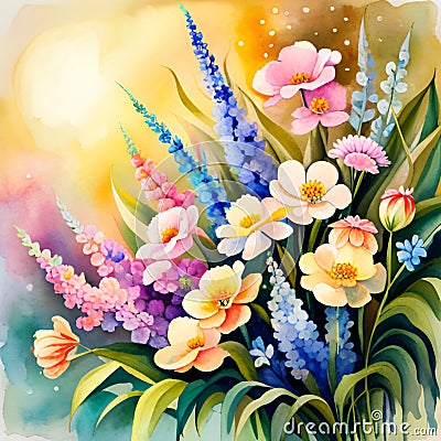 a bouquet of spring flowers against the background of a golden sky Stock Photo