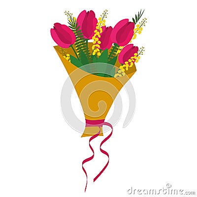 A bouquet of spring flowers, five tulips in a golden packaging with mimosa in a bouquet Vector Illustration