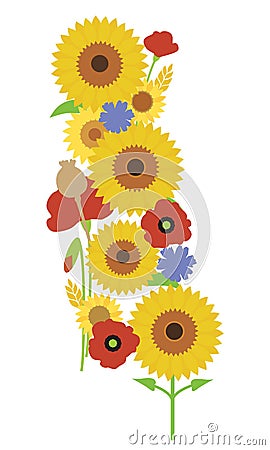 Bouquet of sunflower blossoms, poppy and poppyhead, with grain o Vector Illustration