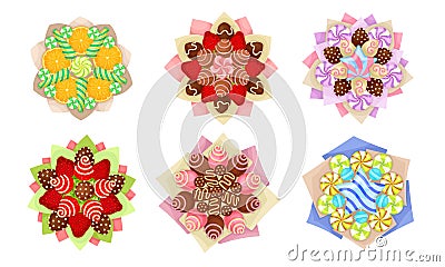 Bouquet of Sweets and Strawberry Covered with Chocolate in Paper Wrap View from Above Vector Set Vector Illustration