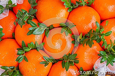 A bouquet of tangerines. The composition of the bouquet is collected from mandarins. Christmas bouquet. Stock Photo