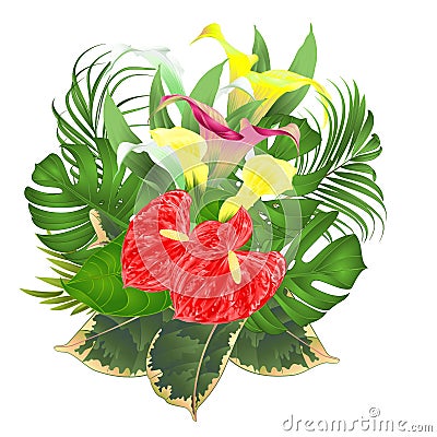 Bouquet with tropical flowers floral arrangement, with beautiful white pink and yellow lilies Cala and anthurium, palm, Vector Illustration