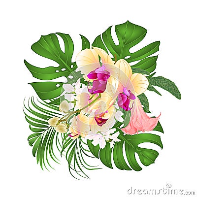 Bouquet with tropical flowers floral arrangement, with beautiful yellow orchid, palm, philodendron and Brugmansia vintage vector i Vector Illustration