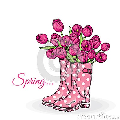 Bouquet of tulips in a beautiful polka dot rubber boots. Vector illustration. Spring flowers. Vector Illustration