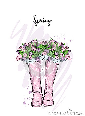 Bouquet of tulips in a beautiful rubber boots. Vector illustration. Spring flowers. Vector Illustration