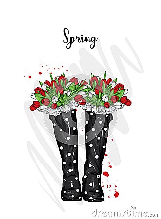 Bouquet of tulips in a beautiful rubber boots. Vector illustration. Spring flowers. Vector Illustration
