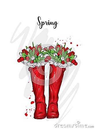 Bouquet of tulips in a beautiful rubber boots. Vector illustration. Spring flowers. Vector Illustration