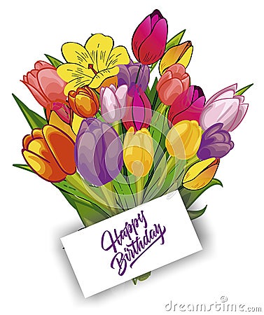Bouquet of tulips with a card Cartoon Illustration