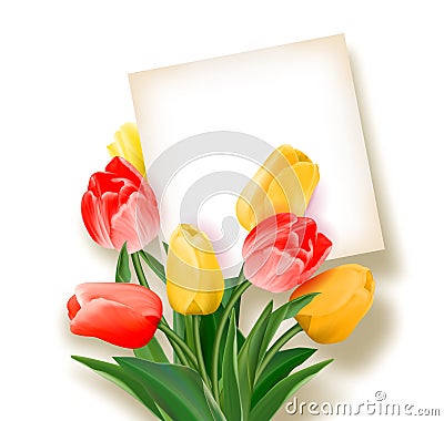 Bouquet of tulips with a card inside. Space for text. Holiday background with sheet of paper and flowers. Vector Vector Illustration