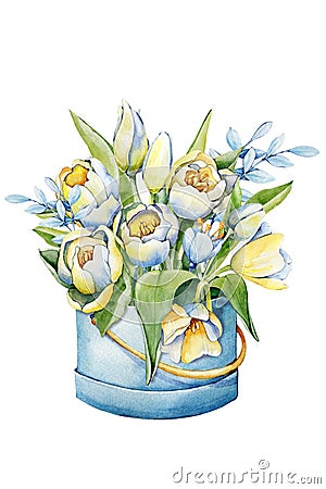 Bouquet of tulips and greenery, spring flowers in a packing box. Hand drawn watercolor illustration close up isolated on white Cartoon Illustration