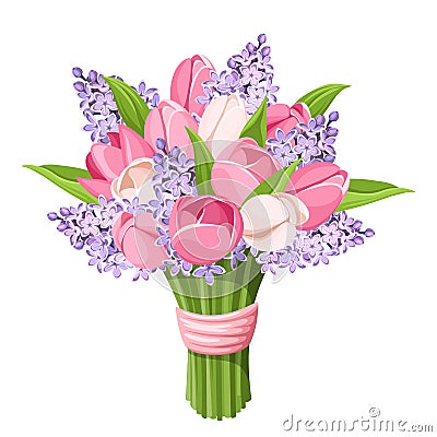 Bouquet of tulips and lilac flowers. Vector illustration. Vector Illustration