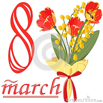 Bouquet of tulips and Mimosa to March 8 Vector Illustration