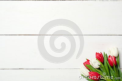 Bouquet of tulips at right corner on white wooden background . Top view, frame, border, copy space. Greeting card for womans day, Stock Photo