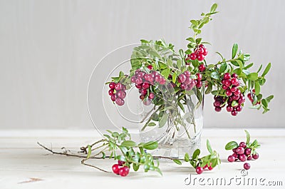 Bouquet of twigs with red ripe lingonberries in a glass on a light background. Stock Photo