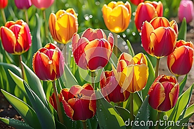 Bouquet of Vibrant Tulips: Dew-Kissed Petals Reflecting the Early Morning Sun, Shadowed by an Ancient Arch Stock Photo