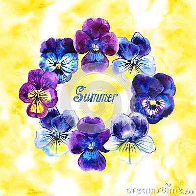 Bouquet of violas watercolor. Pansy violet flower frame on yellow background Stock Photo