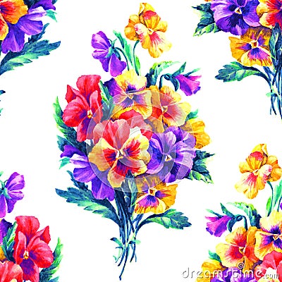 Bouquet with violet and yellow pansies watercolor hand painted illustration, seamless pattern Cartoon Illustration