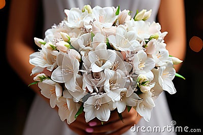 Bouquet for a wedding of white lilies in the hands of the bride Stock Photo