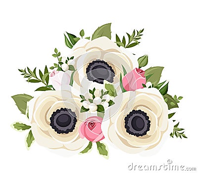Bouquet of white anemone flowers and pink rosebuds. Vector illustration. Vector Illustration