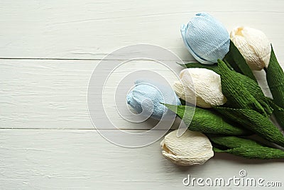 Bouquet of white and blue craft paper tulips Stock Photo