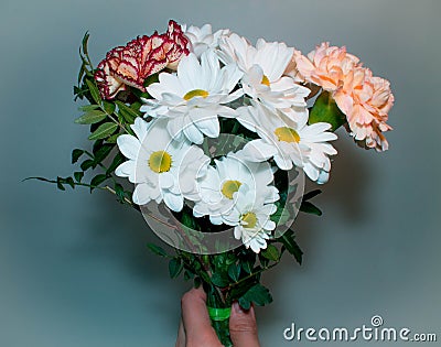 Bouquet with white Daisy flowers close at hand on a green background Stock Photo