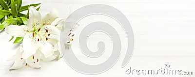 Bouquet of white lilies on a white wooden background top view. Flowers lily beautiful bouquet white flowers Stock Photo