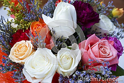 Bouquet of white, red and yellow roses Stock Photo