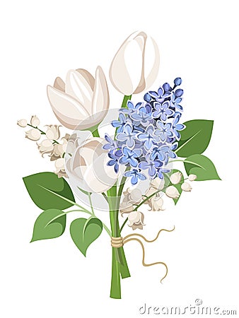 Bouquet of white tulips, blue lilac flowers and lily of the valley. Vector illustration. Vector Illustration