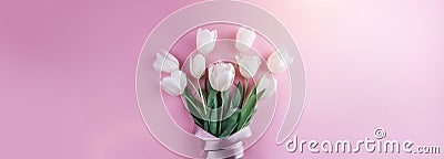 Bouquet of white tulips flowers on pink background. Card for Mothers day, 8 March, Happy Easter. Waiting for spring Stock Photo